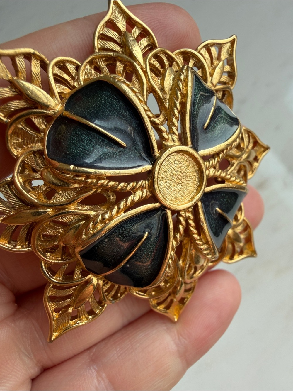 Vintage Monet Gold-Tone Floral Brooch with Green Enamel Petals- Victorian - Picture 2 of 4